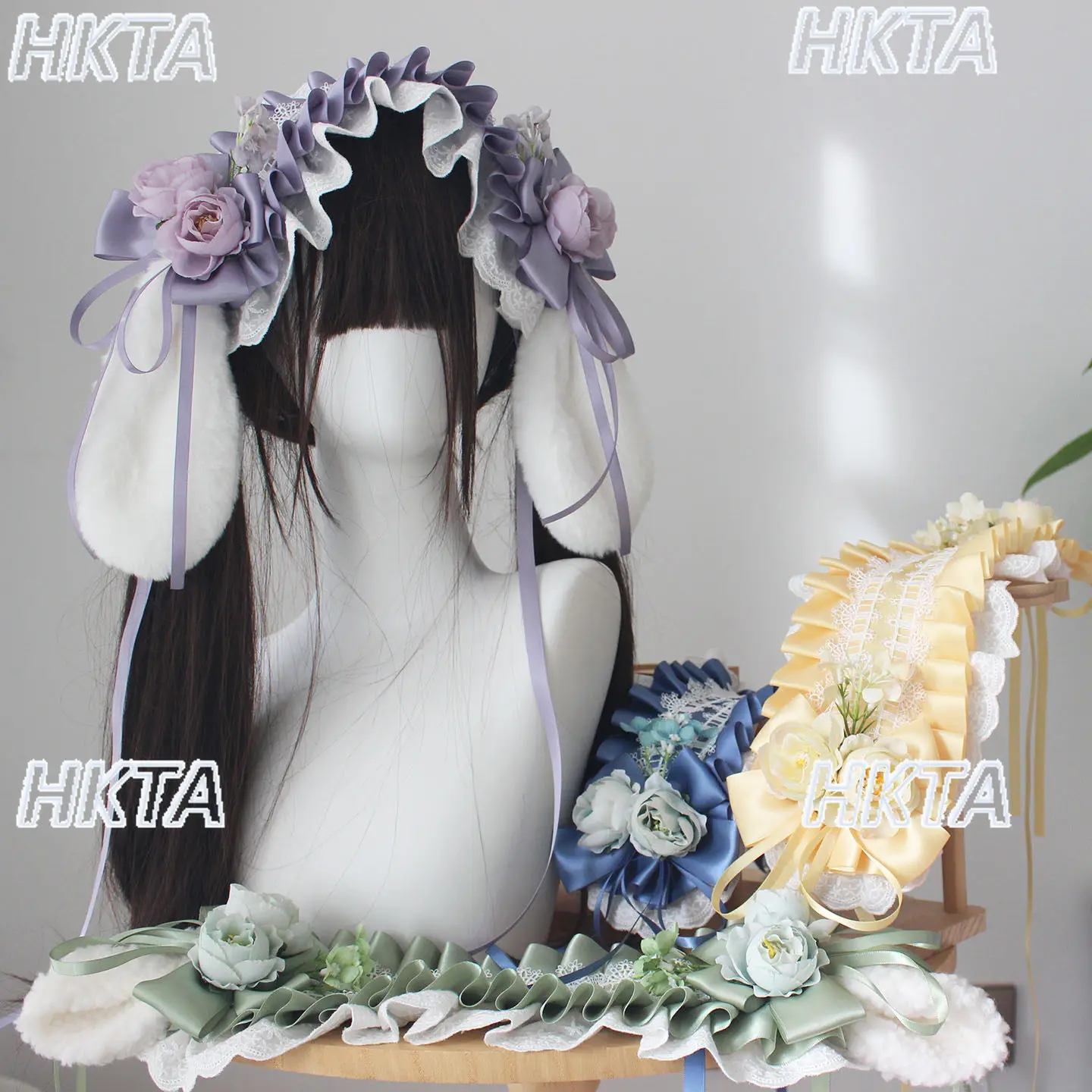 

Оригинальная повязка для волос ручной работы со съемными ушками кролика/овцы, в стиле Лолита, с цветами, для косплея, женские аксессуары для волос