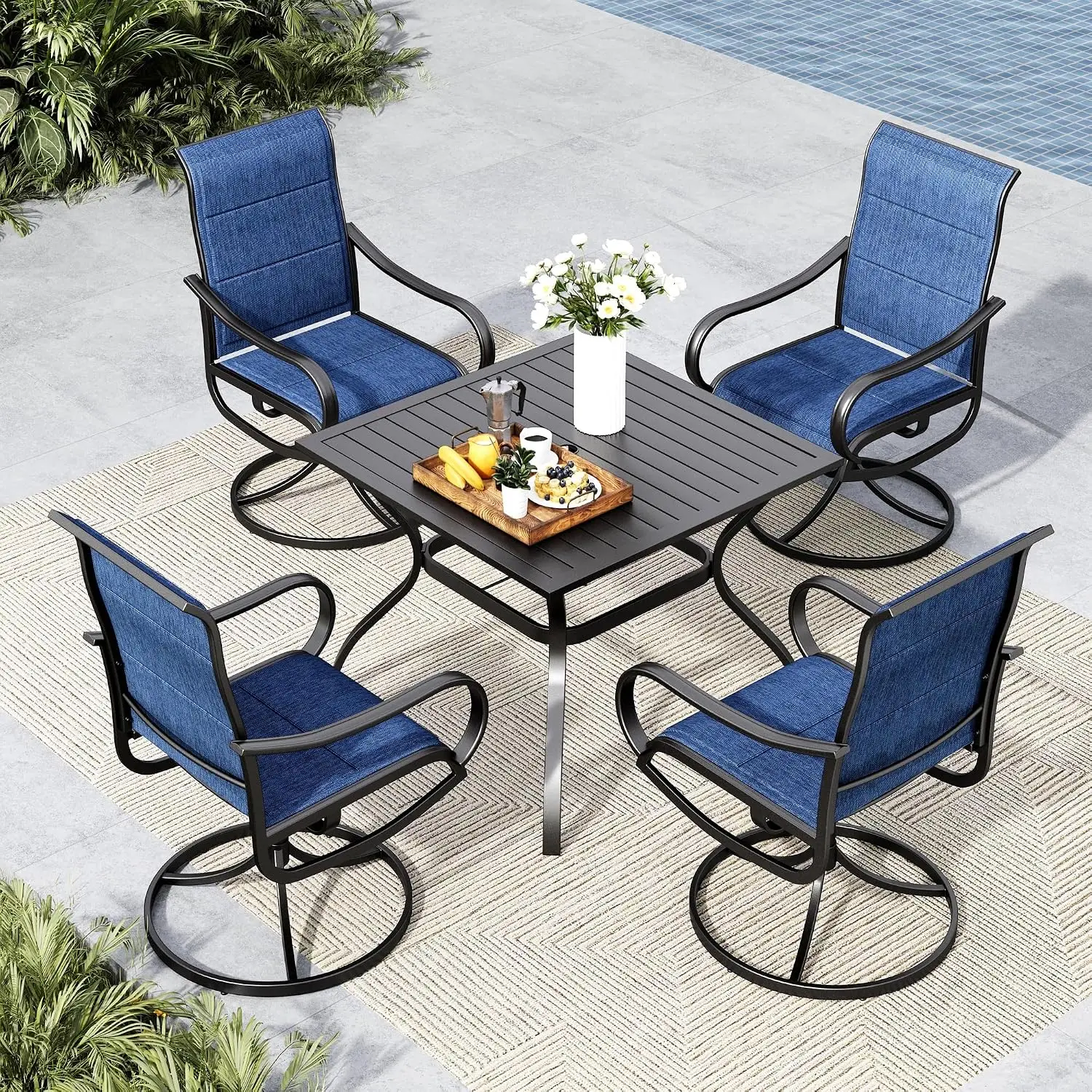 Patio Dining Set 4 Metal Table Swivel Chair Outdoor, Customized