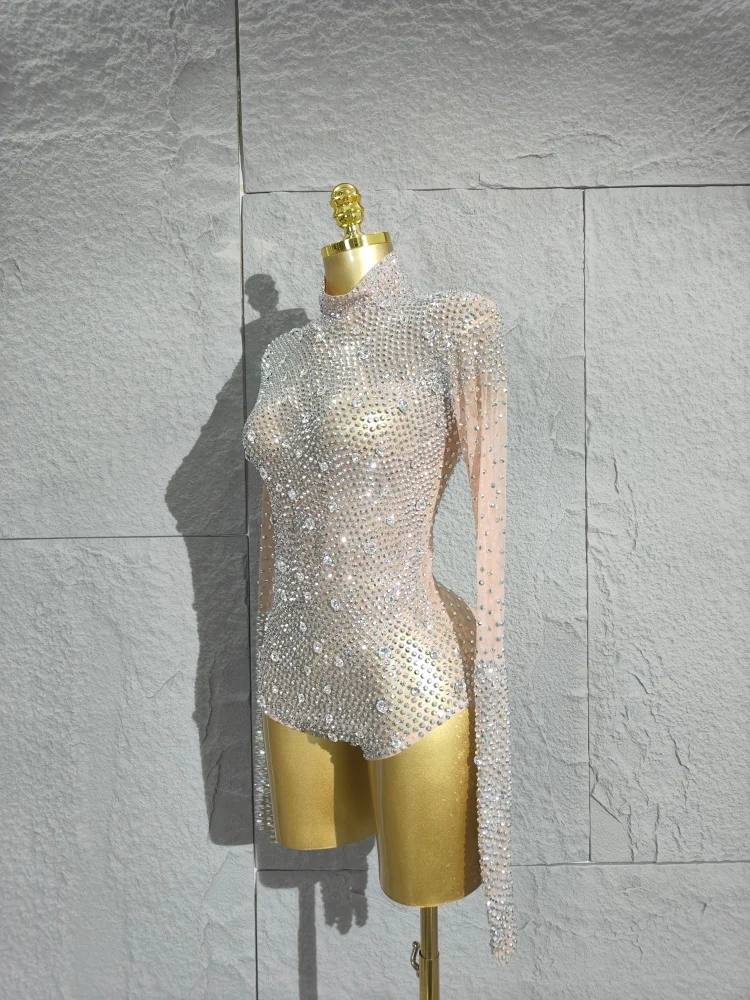 2025 Sparkly Silver Rhinestones Leotard Women Sexy Dance Bodysuit Performance Birthday Nightclub Party Outfit Show Stage Wear