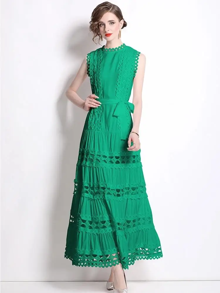 الصيف الدانتيل تقسم التطريز الدانتيل يصل حزام مساء رداء فستان المرأة بلا أكمام الجوف خارج الصلبة طويلة ملابس حفلات الزفاف