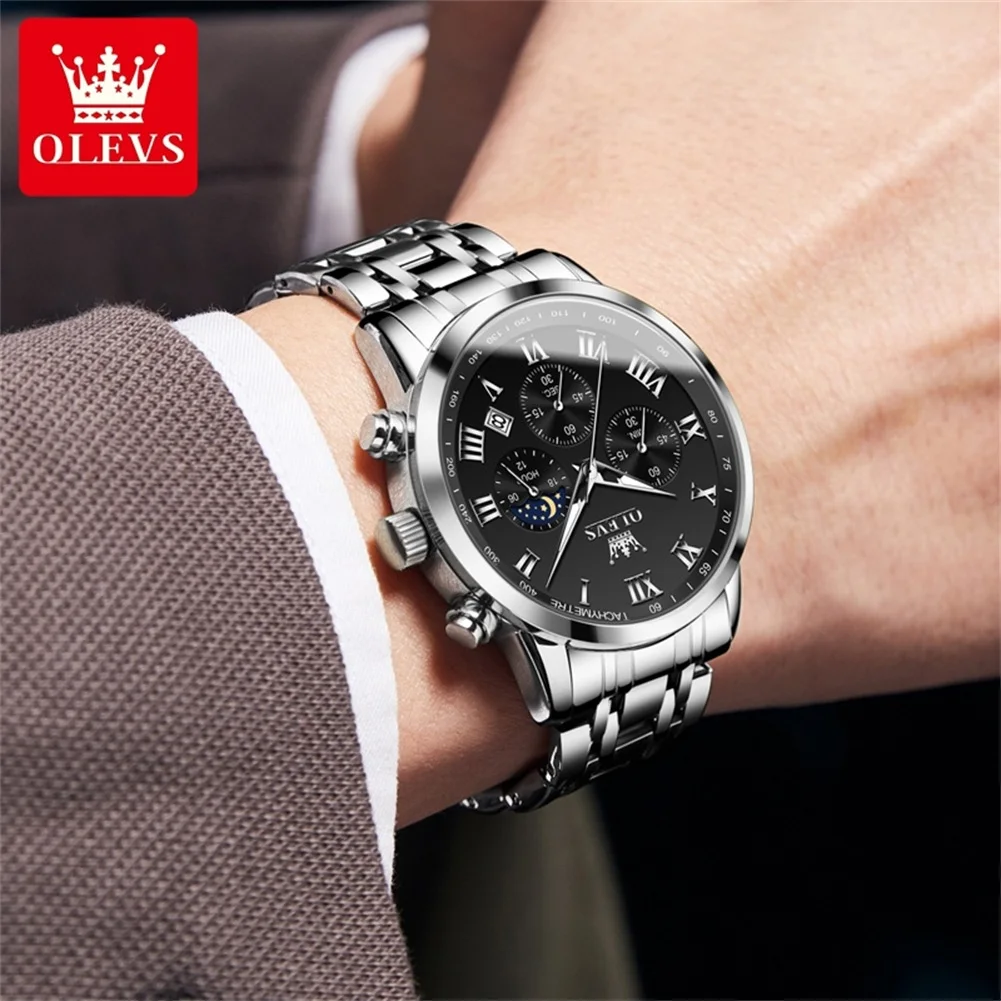 OLEVS 5529 Top Brand Men's Watch Waterproof Luminous Stainless Steel Calendar Window Phase Timing Watch New Quartz Men's Watch view 3