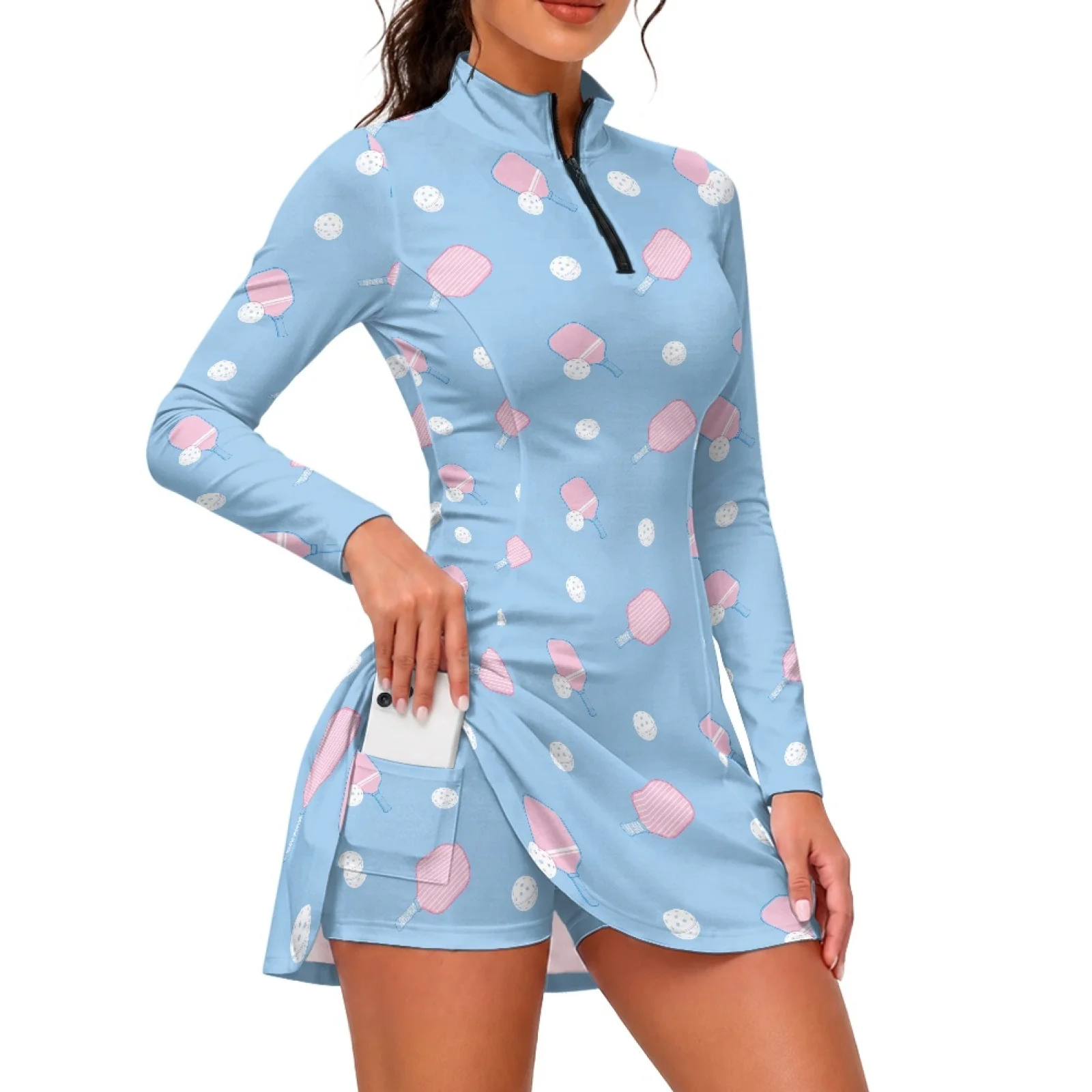 PENSTROLL Women's Long Sleeve Golf Dress with Pink Paddle Pattern, 2 Piece Sets Moisture Wicking Apparel for Casual Golf Workout