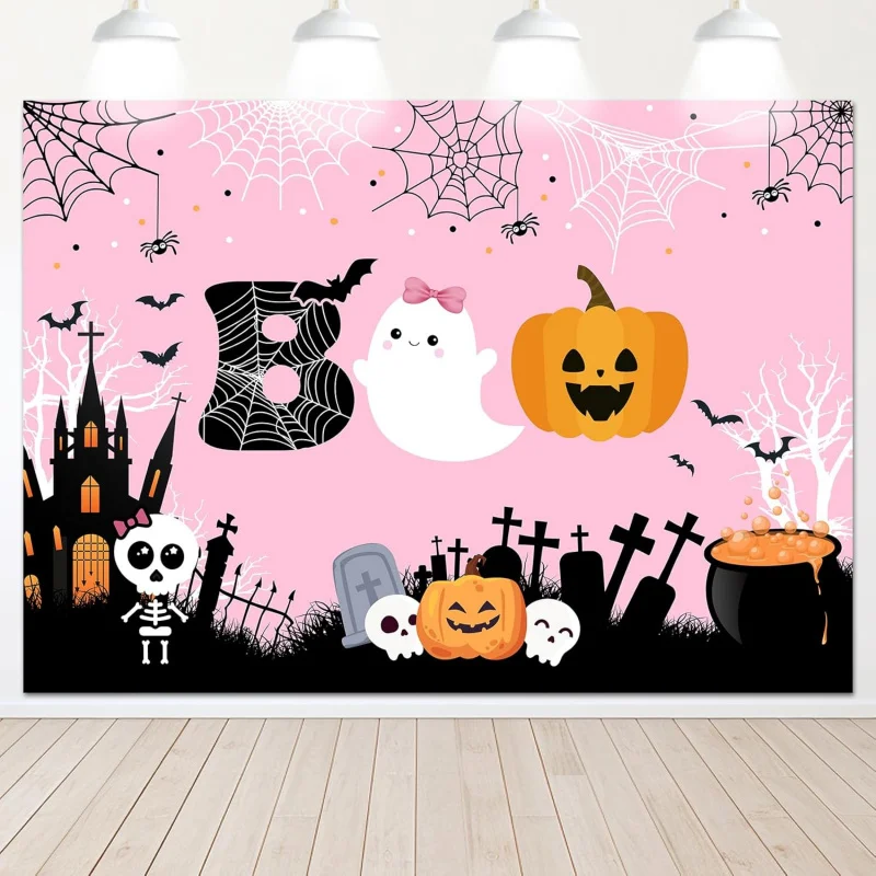 

Halloween background cute ghost pumpkin trick or treat background pink birthday party cake table decoration banner