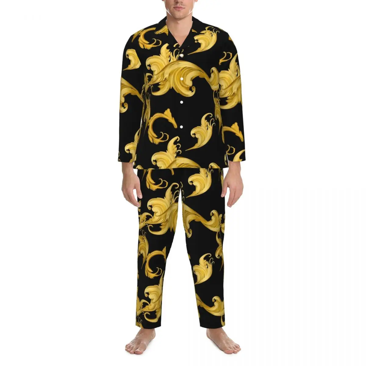 Pijamas de hojas barrocas para hombre, ropa de dormir cómoda Floral dorada para el hogar, conjunto de pijamas estampados holgados informales de 2 piezas para otoño