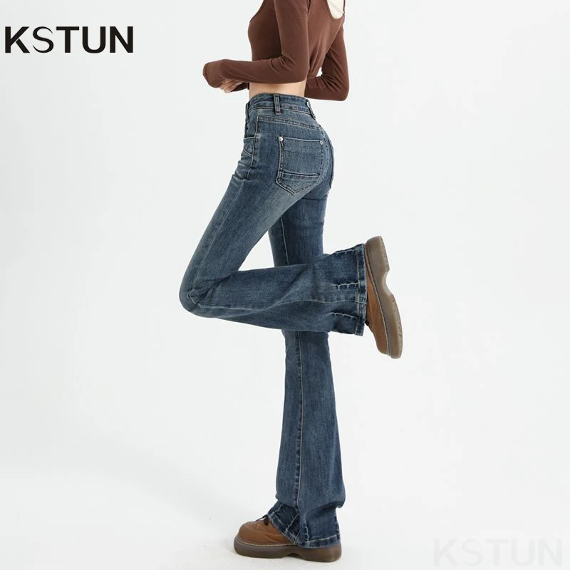 

2025 Girls Concise Ins High Waist Flared Jeans Female Stretchy Bootcut Denim Pants Women Solid Color Thin Bell Bottoms Trousers