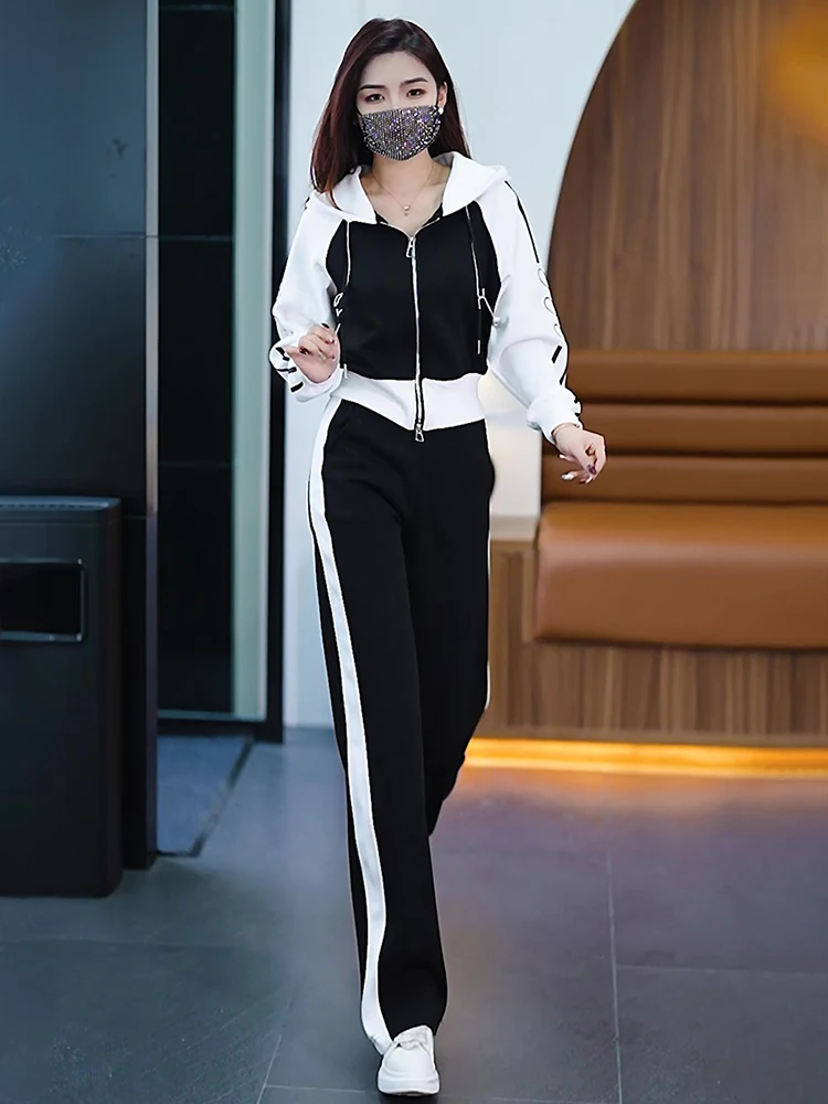 Zip Up Sweatshirt Suit for Women Casual Elastic Waist Wide-Leg Pants Sports and Leisure Outfit Autumn Fashion 2-Piece Set 2023