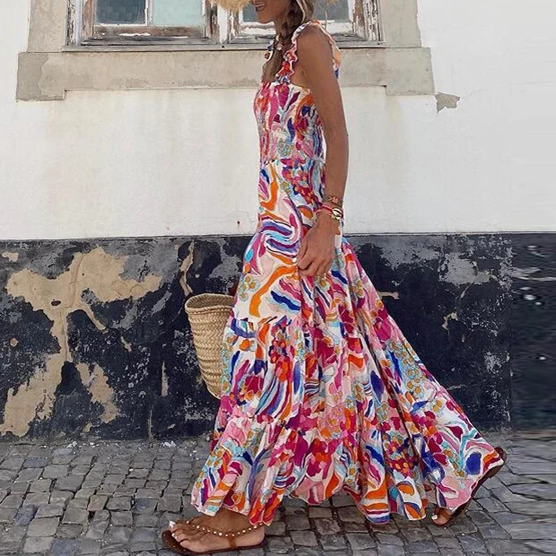 2024 Boho Print Women Sling Dress Casual Cool Loose Sleeveless Beach Long Dress Summer Fashion New Printing Party Female Dresses