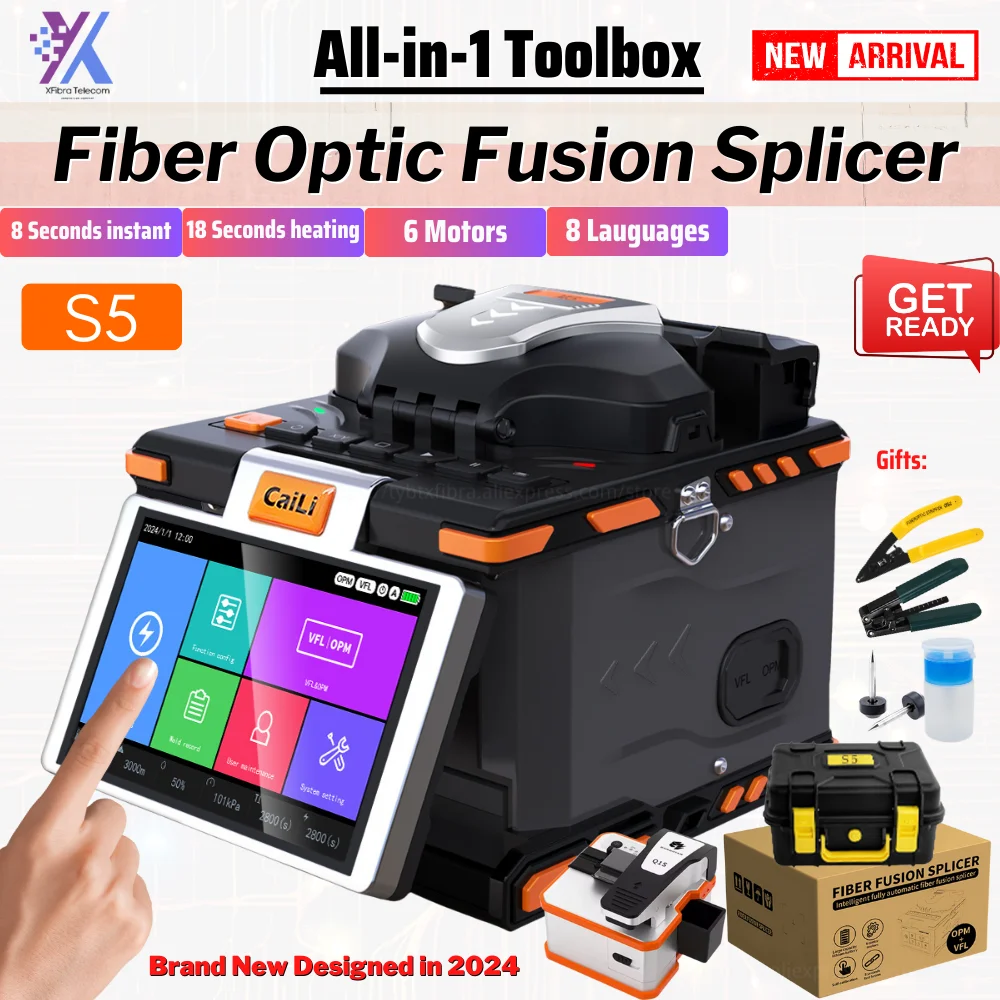 2024 New 6 Motors S5 Optical Fiber Fusion Splicer Welding Hine With High Precision Cleaver Touch Screen VFL OPM FC-6S Q1S