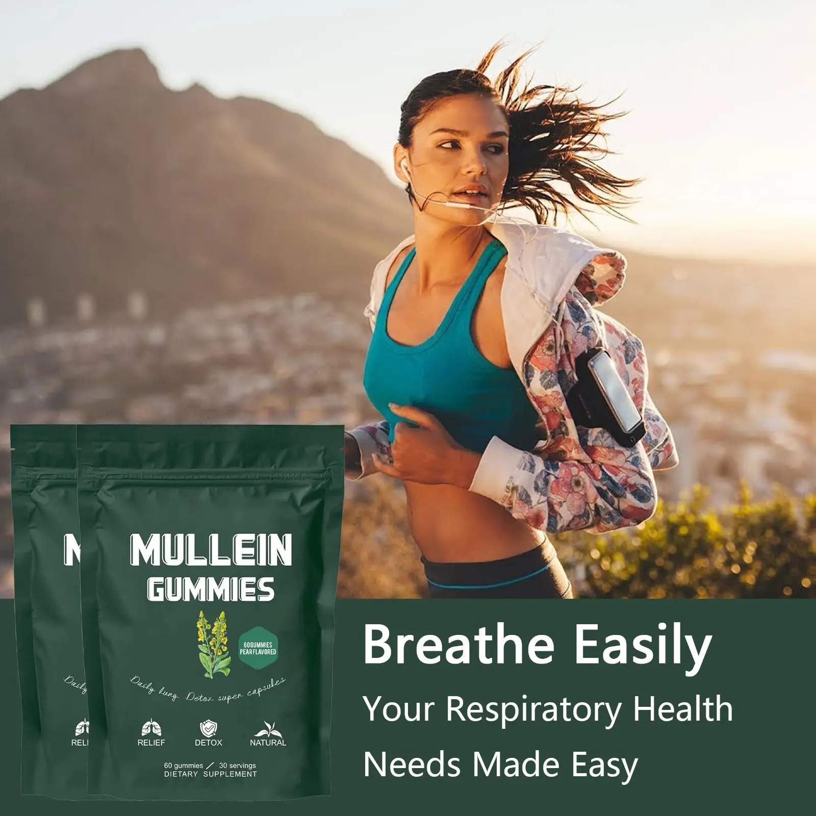 Powerful Mullein Gummies for Lung Health – 2000mg Mullein Leaf Extract for Lung Cleanse,Refreshing Pear Flavor - 60 Count