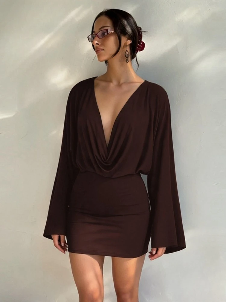 FDYOUI Sexy Swinging Collar Long Sleeve Tunics Brown Short Pencil Dress Women's Chic Low Waist Package Hip Evening Party Dresses