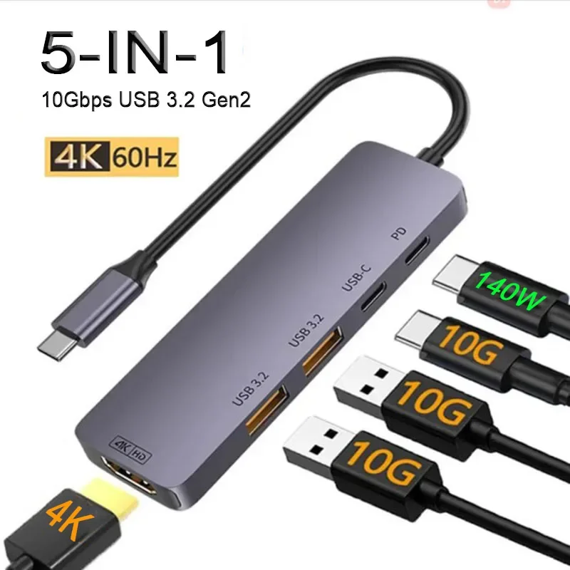 

USB C HUB 10Gbps Type c to 4K60Hz HDTV PD 140W USB 3.2 2 Multifunctional adapter for Laptop PC accessories USB HUB