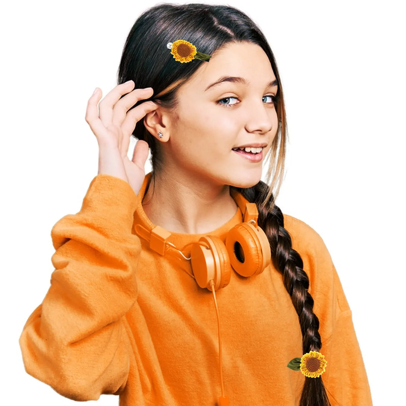 

Набор из 2 резинок и заколок для волос с подсолнухами для девочек, элегантные аксессуары для волос с жемчужными цветами, мягкие эластичные резинки для повседневного использования детьми