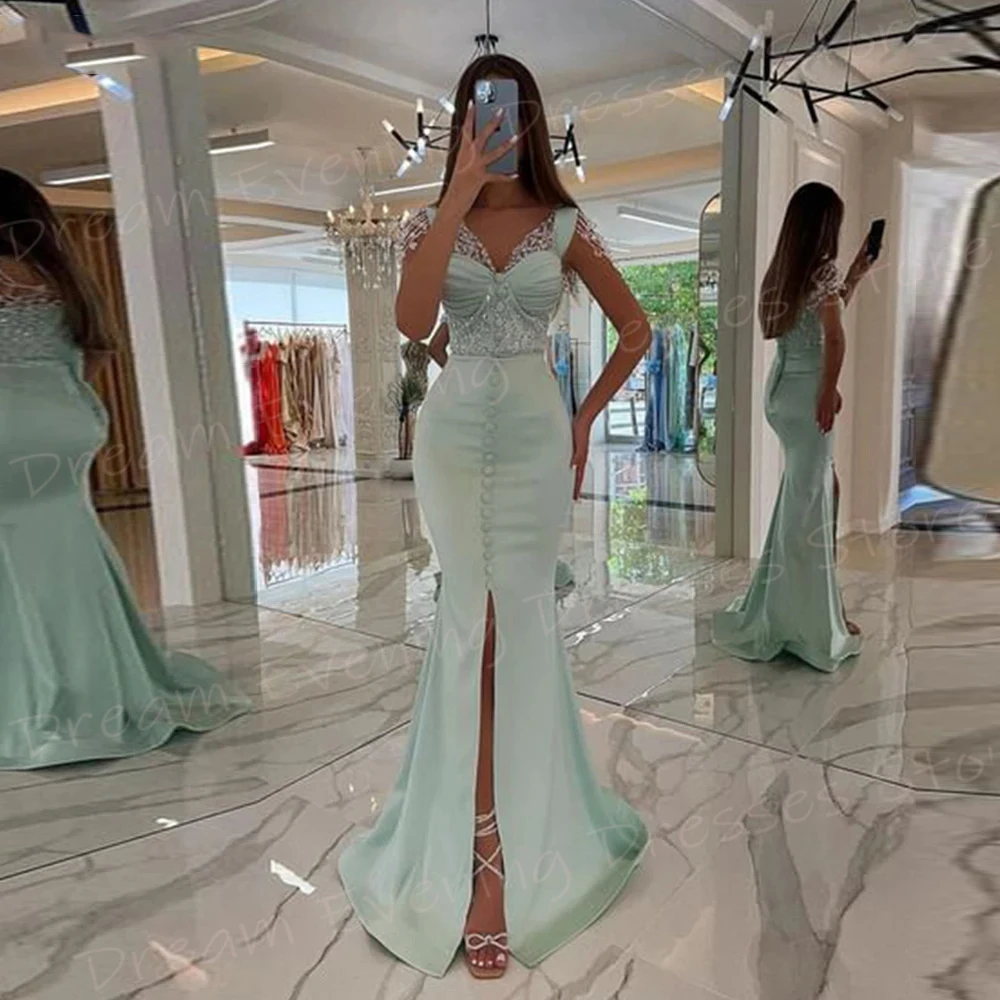 Graceful Modern Mermaid Fascinating Women's Evening Dresses Sexy V Neck Prom Gowns New Sleeveless Split Beaded Vestido De Noche