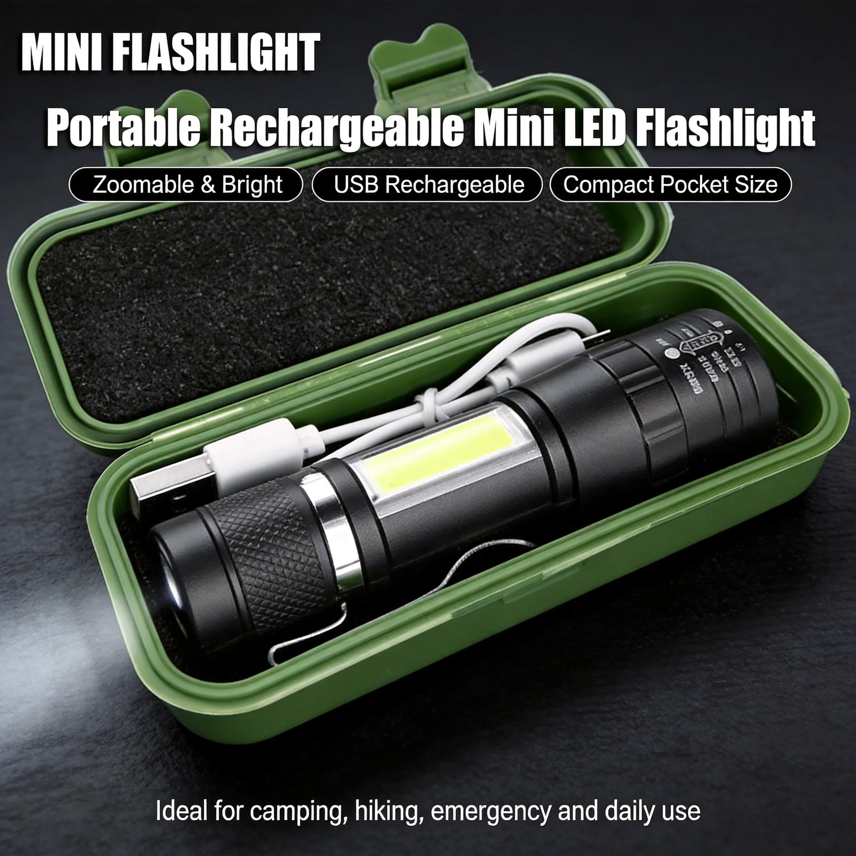 

USB Rechargeable Mini Flashlight, COB+XPE Dual Light Source Zoomable Small Torch, Portable Built-in Battery 3 Mode Camping