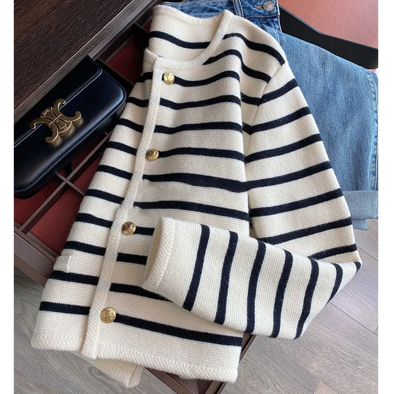 Cardigans White Black Striped Short Cardigan Women Fashion Sweater Elegant Long Sleeve Top 2023 Spring Cardigan кардиган женский