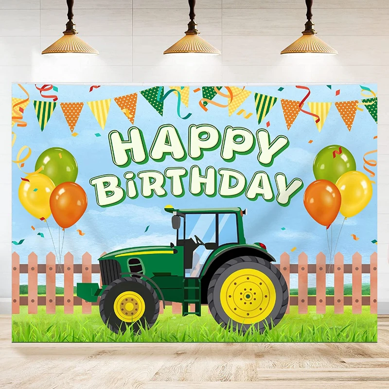 Photography Backdrop Farmyard Green Grass Tractor Balloons And Flags Birthday Party Poster Backgrounds Photo Shoot Decor Banner