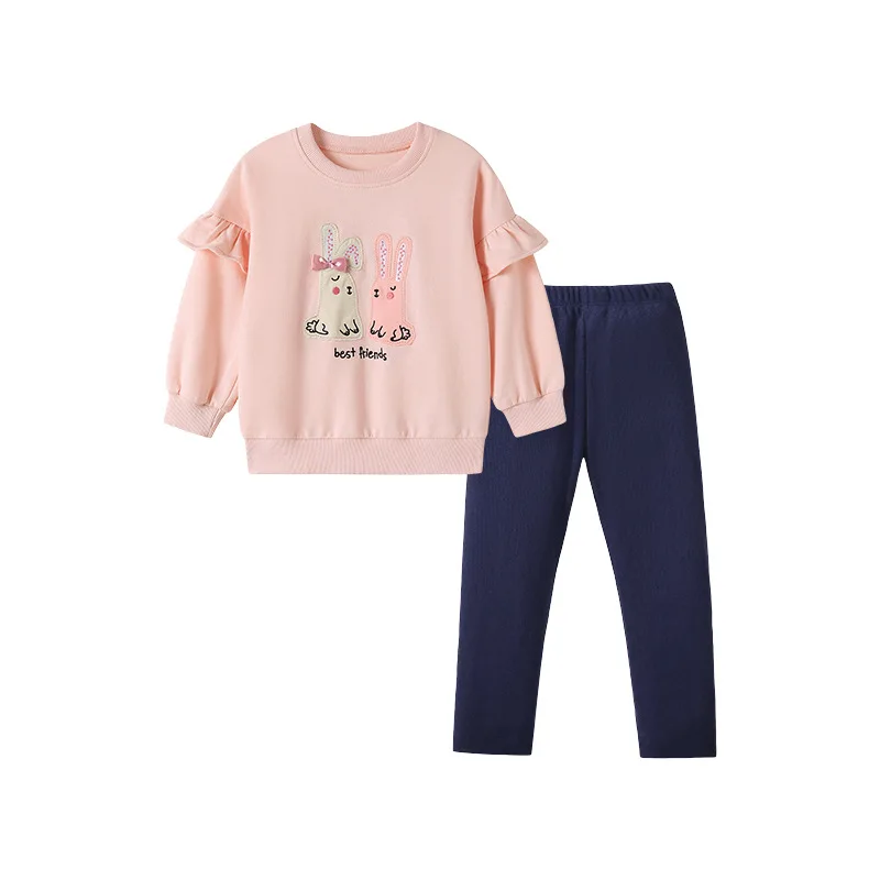 

2025 New Autumn Pink Little Rabbit European and American Cartoon 100 Cotton Soft and Cute Printed Hoodie Blue Solid Color Pants