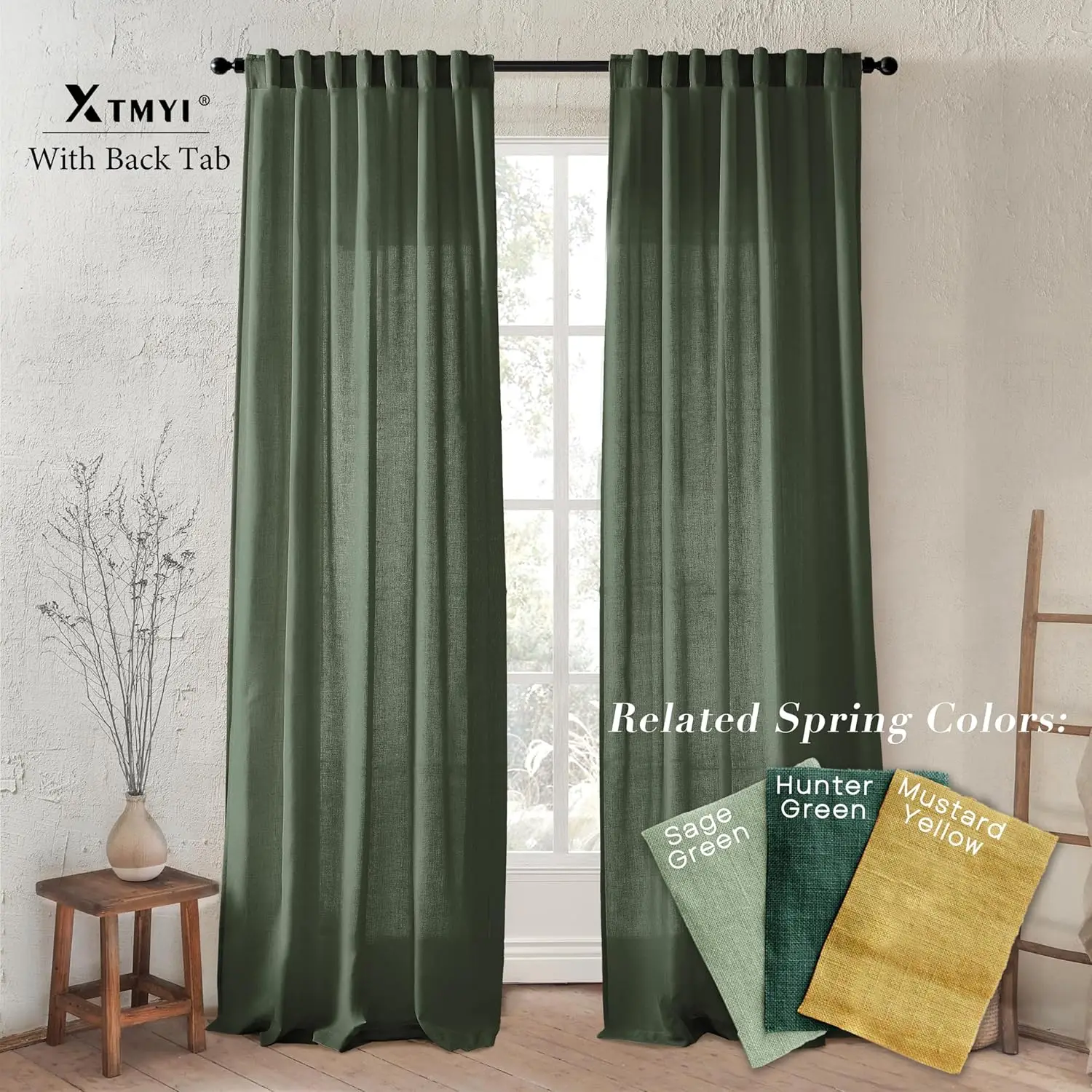 Olive Green Linen Boho Curtains for Living Room 84 Inch Length 2 Panels Set,Back Tab Hooks Long Window Treatments Curtain Drapes