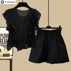 Women's Set 2024 Summer Black V-neck Chiffon Doll Shirt Women's Ruffle Edge Sleeveless Shirt Fashion Shorts Two Piece Set