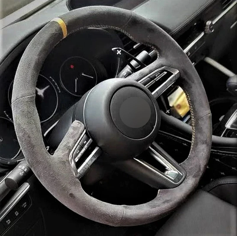 

Alcantara Steering Wheel Cover Real Leather Yellow Thread Yellow Stripe Car Accessoires for Mazda 3 AXELA CX-30 CX-50 2019-2023