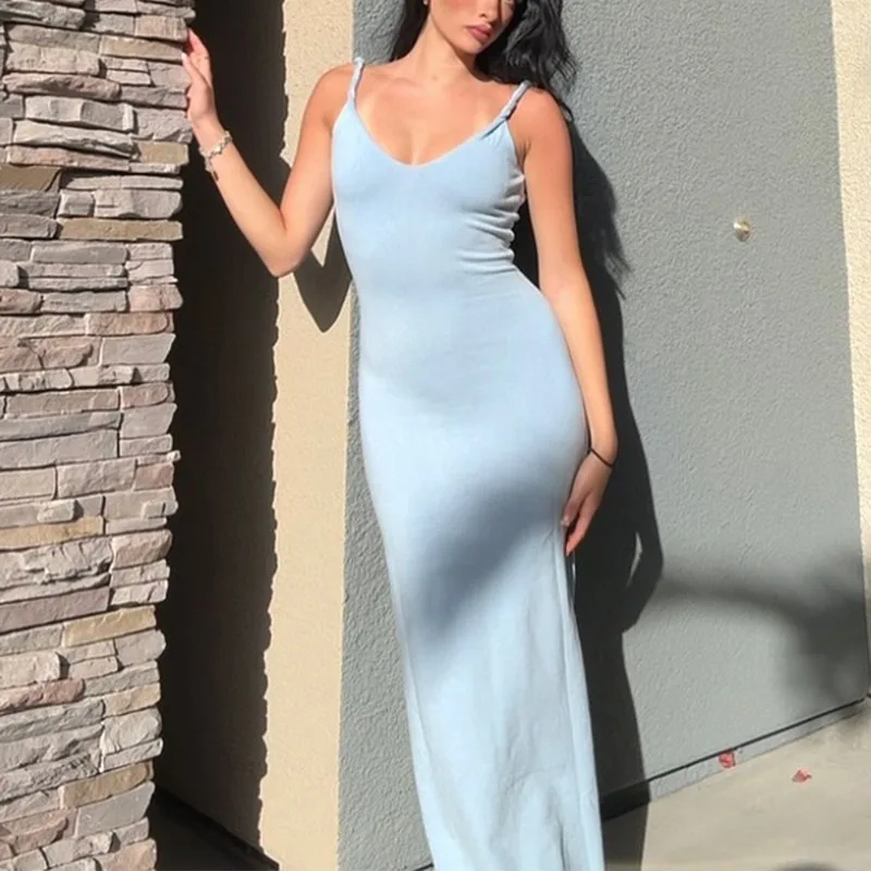 

Talenza Sexy Backless Halter Dress Women's Fashion Solid High Waist Slim V Neck Vacation Dress Fashion Twist Casual Long Dresses