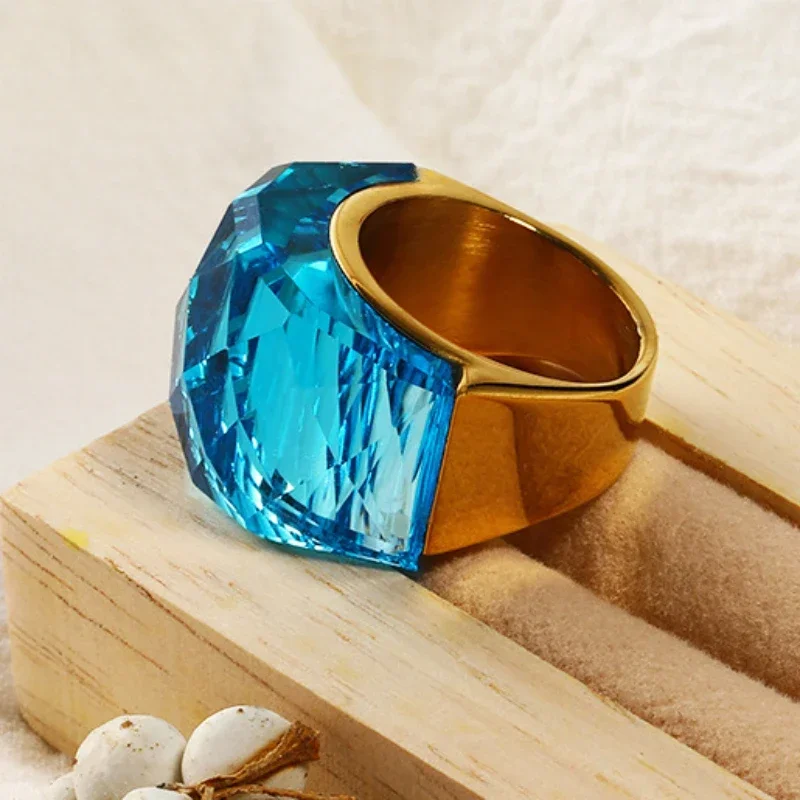 Luxury Multicolored Crystal Rings for Women Wedding Gold Plated Stainless Steel Jewelry Ring with Big Stone 2023 Trendy Gift