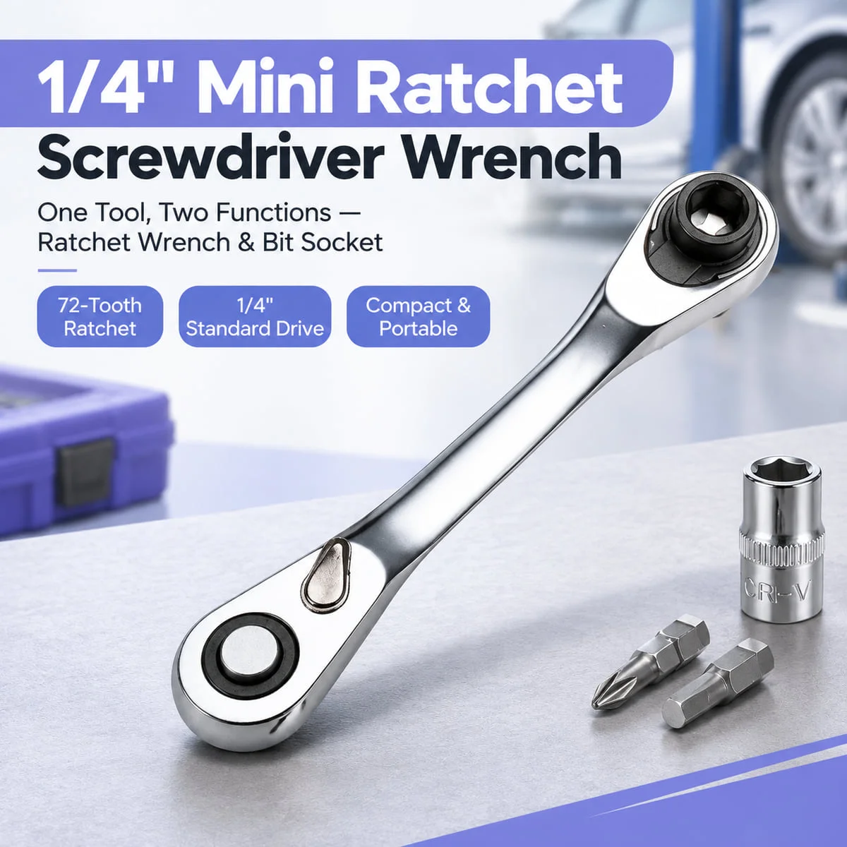 Mini 1/4 Inch Ratchet Screwdriver Wrench 72-Tooth Dual-Head Socket Bit Tool CR-V Steel 105mm For Auto DIY Repair