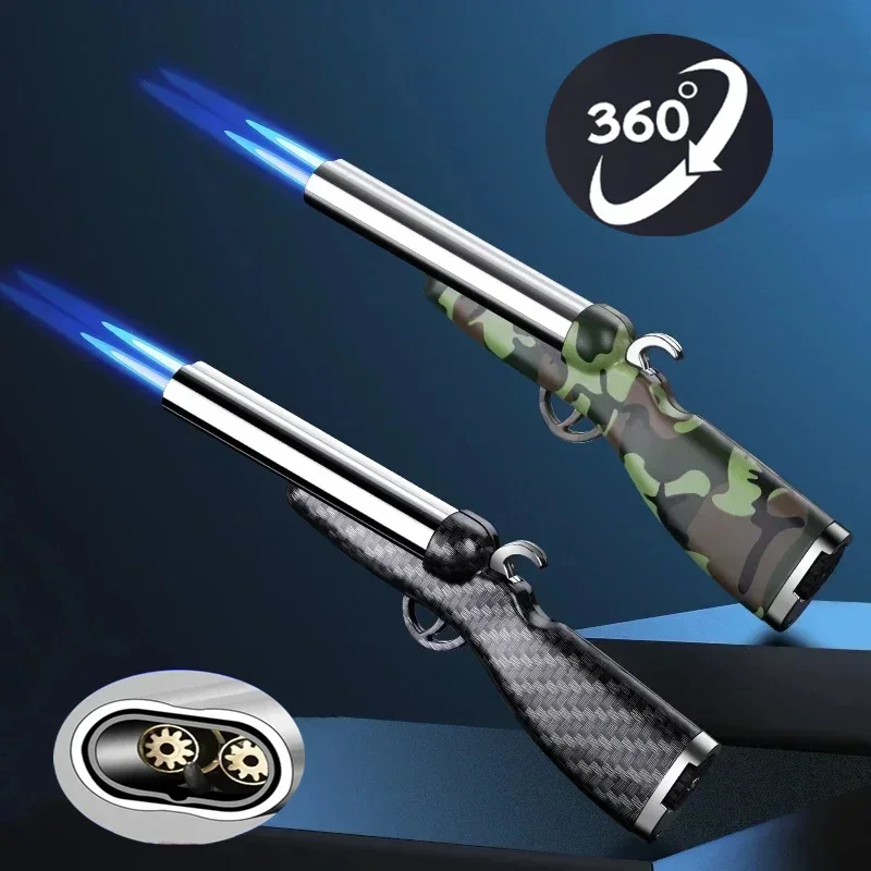 

2026 Уличная металлическая зажигалка с двойным пламенем, ветрозащитная, с распылением пламени, на бутане, для барбекю и кухни, газовая зажигалка, мужской подарок