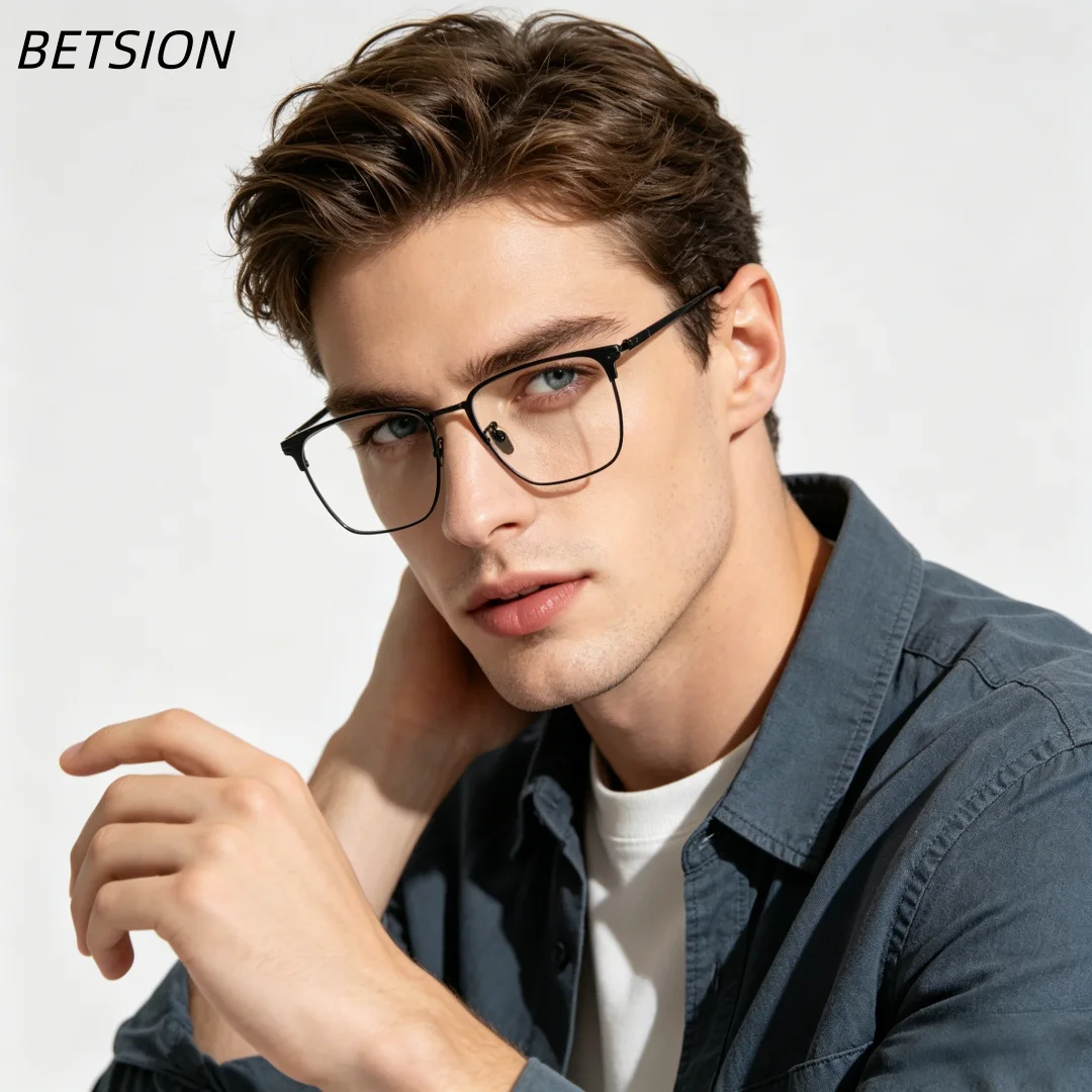 BETSION Retro Pure Titanium Reverse Hinge Eyeglasses Frame Men Women Vintage Half Rim Business Square Spectacles Glasses #1058