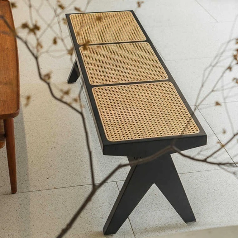 

Shoe changing stool Living room dining chair bench Nordic solid wood rattan bench