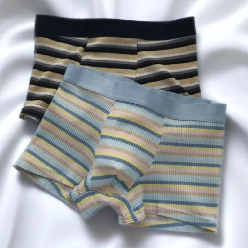 

Japanese Style Striped Man's Pantys Cotton Breathable Mid-Rise Convex Pouch Boxer Briefs