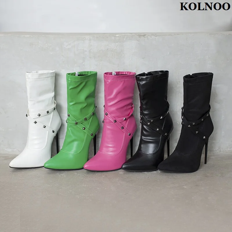 Kolnoo New Arrival Handmade Women's High Heels Ankle Boots Rivets Studded Five-Colors Dress Boots Evening Fashion Winter Shoes