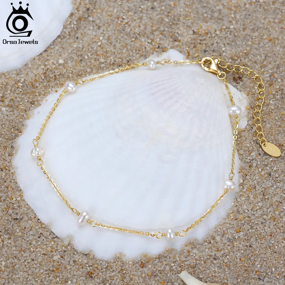 

ORSA JEWELS Summer 925 Sterling Silver Pearls Foot Jewelry Anklet Chain Natural Pearl Leg Bracelets Girls Beach Minimalism SA37