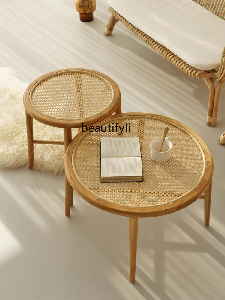 Real Rattan Woven round Small Coffee Table Indonesian Rattan Wood Side Table Home Balcony Complete Set Leisure Table