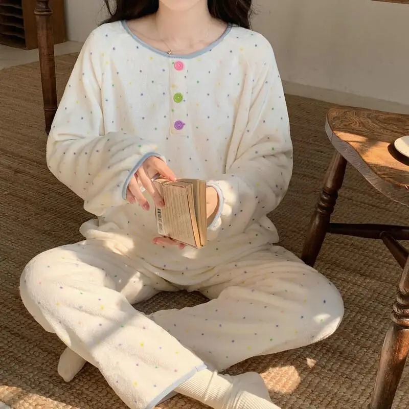 

Женский пижамный комплект, осенне-зимний женский свободный домашний комплект одежды для сна на пуговицах, пижама с круглым вырезом и длинными рукавами, мягкая хлопковая фланель