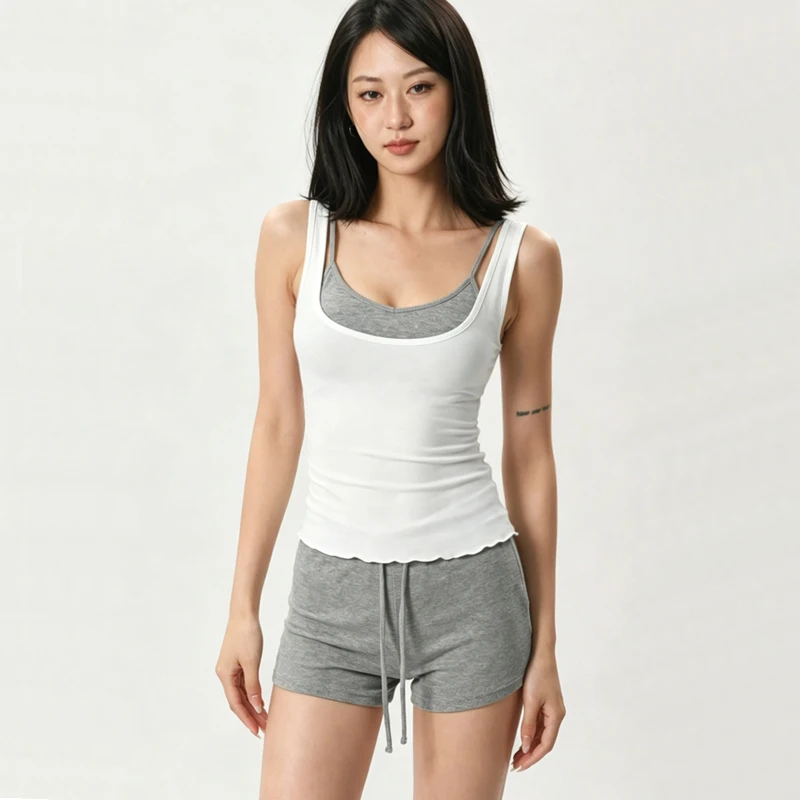 Two Piece Contrast Color Camisole & Outer Tank Top Set, Slimming Layering Sleeveless Vest for Women