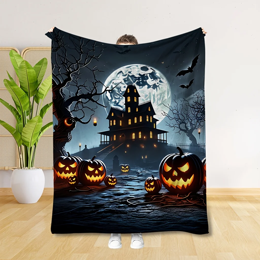 1pc Halloween Pumpkin Haunted Castle Print Flannel Blanket, Skin-friendly and Portable, Suitable for Blankets, Kid Bed Covers, B