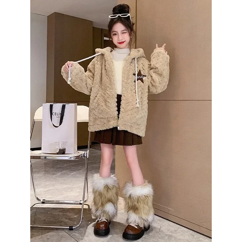 Girls Lamb Wool Coat Plus Cashmere Coat Autumn and Winter 2024 New Foreign Children Fur One Winter Korean Simple Style Clothes image 3