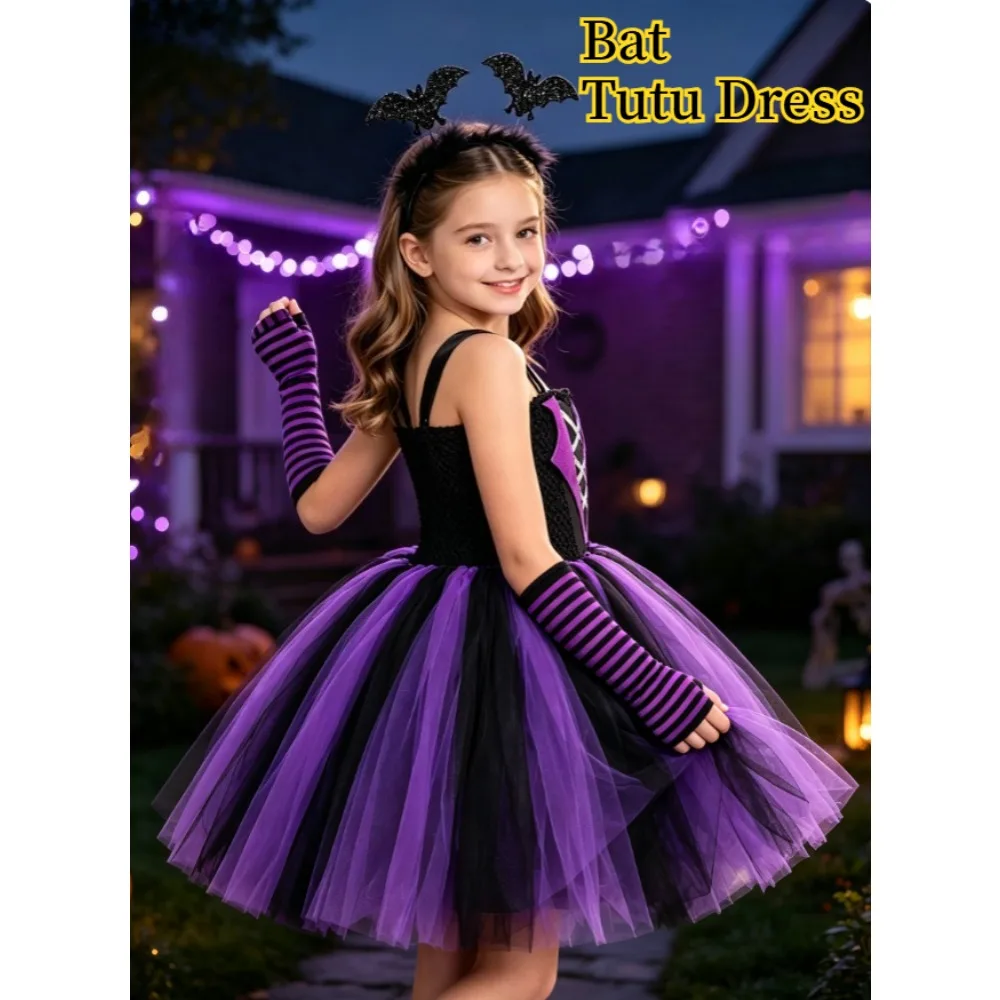 Kids Bat Witch Dark Gothic Style Black And Purple Spliced Color Fashion Dress Halloween Masquerade Party Stage Performance Wear