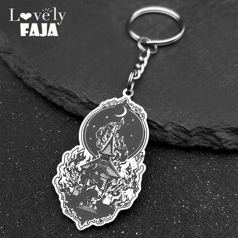 

Dark Burning Church Crescent Moon Key Chains for Women Men Stainless Steel Silver Black Color Witchcraft Keyring Jewelry Gift