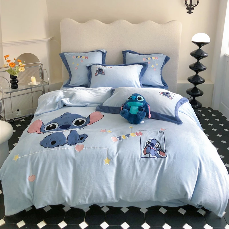 Disney Milk Velvet Bedding Set Stitch Andy Pooh Winter Warm Double-sided Velvet King Queen Duvet Covers Bed Sheets Bedclothes