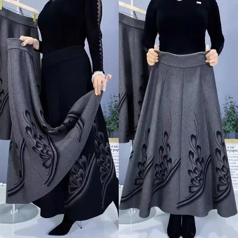

Fall Winter Thiened Wool Skirt Women High Waist Long A-LineSkirts Elastic National Sle Medium-aged Ladies Skirts