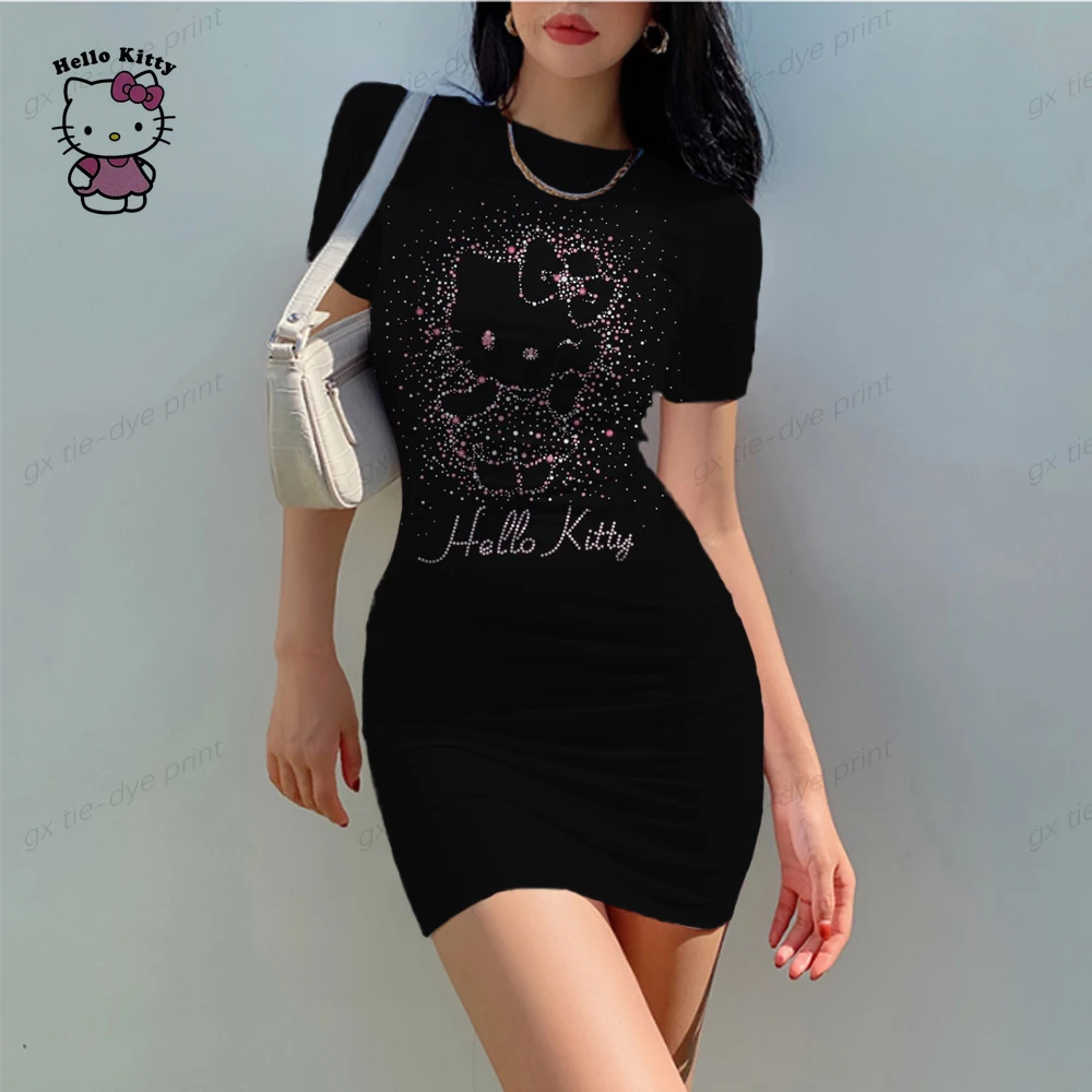 

2024 Hello Kitty Cute Cartoon Cosplay Print Short Sleeve Sexy Night Club Tight Dress Summer Fashion Bag Hip Beach Party Dress