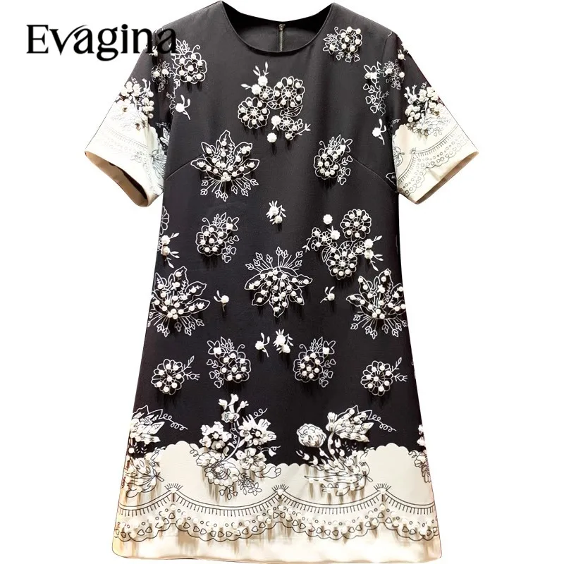 

Evagina Fashion Vintage Print Nail Bead Slim Mini dress 2023 Spring Summer New Women's Short Sleeved Holiday Elegant Dresses