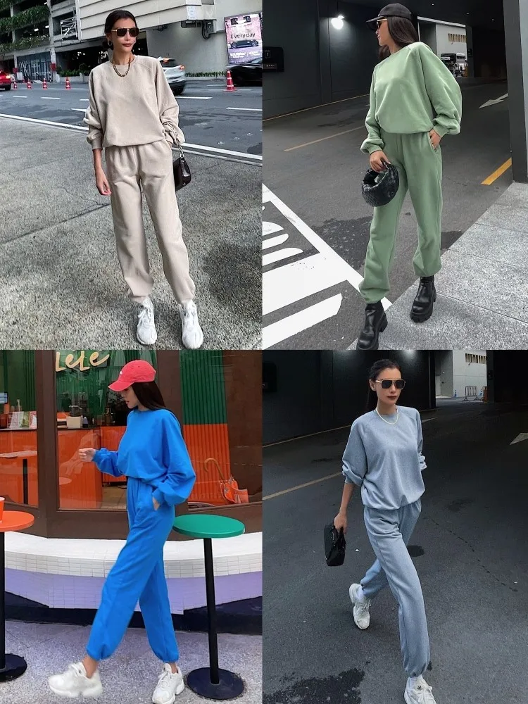 

DuanStyle Original Practical Simple round Neck Sweatshirt Drawstring Elastic Pants Set Green Grey Blue Rice Bright Blue Women...