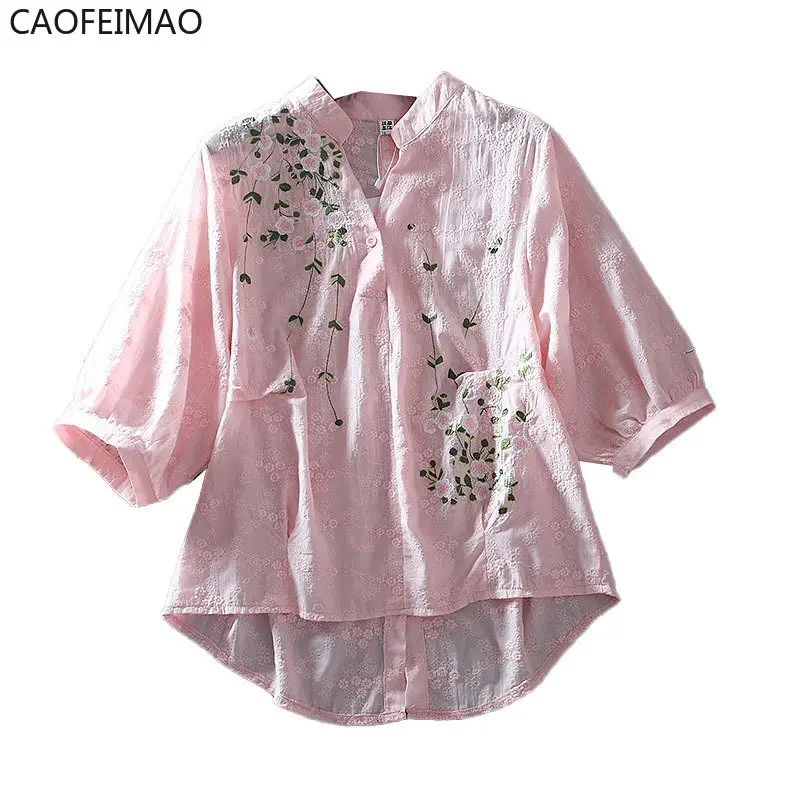 Literary Cotton Shirts for Women Embroidery Flowers Woman Blouses V-neck Half Sleeve Lace Blouses Summer Thin Top Female Shirt