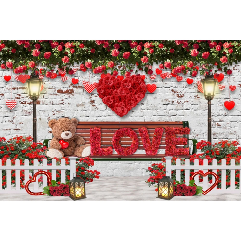 Valentine‘s Day Backdrop Red Rose Flower Shop Love Heart Brick Wall February 14 Valentine Wedding Party Photography Background