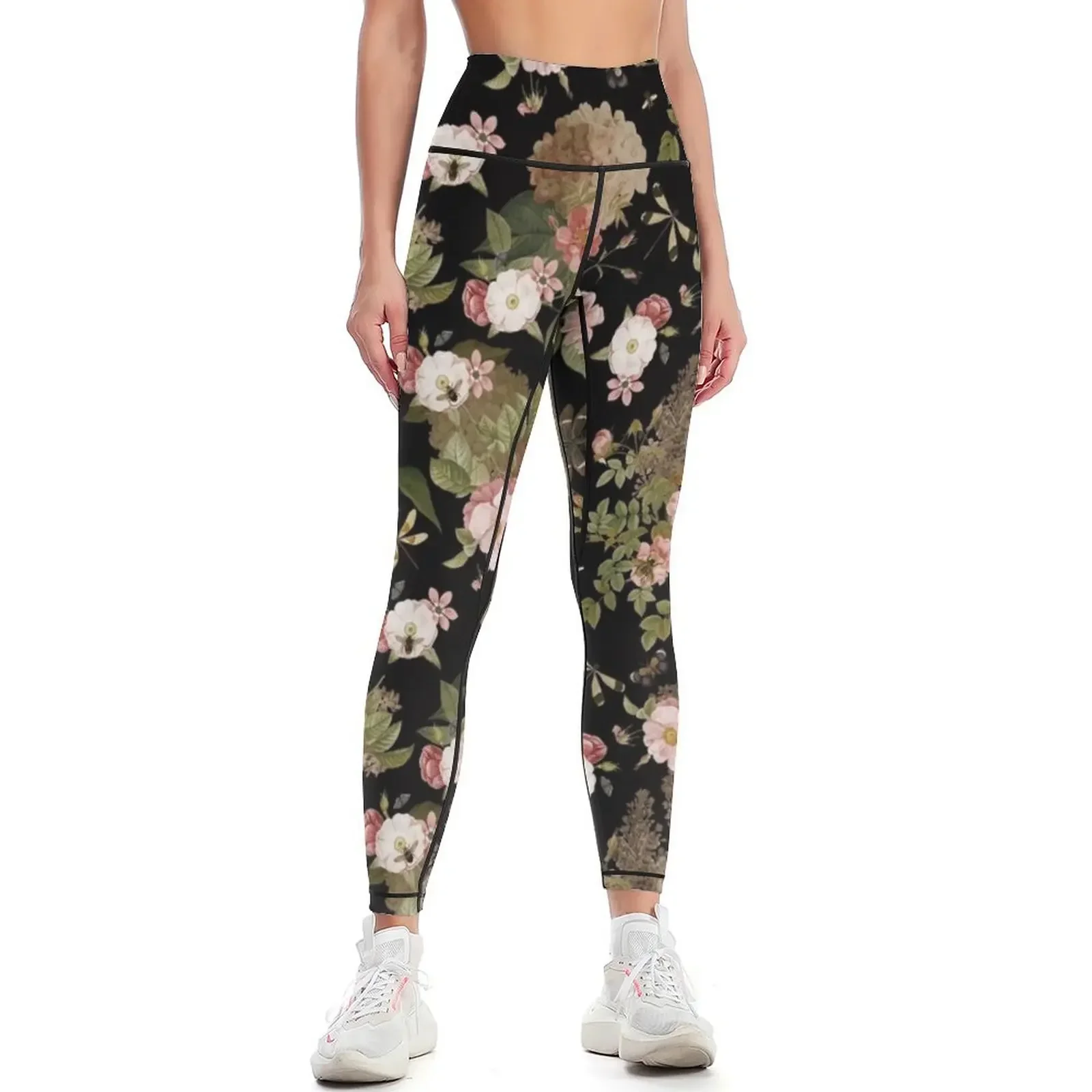 UtART - Vintage Roses Spring Flower And Early Insects Pattern - Sepia Black Leggings gym sportswear woman Womens Leggings