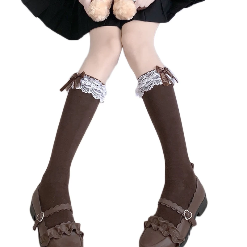 E15E Maid Cosplay hasta rodilla calcetines largos en capas lazo encaje tubo