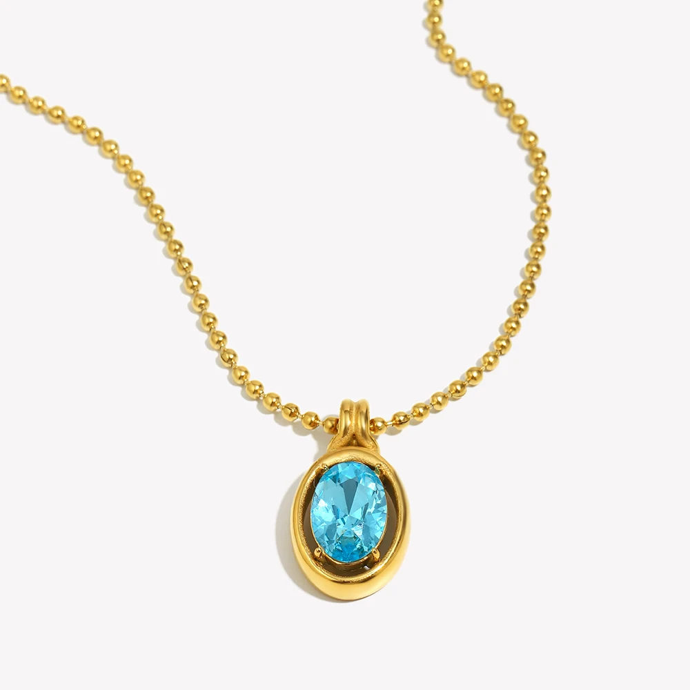 E.B.belle Stainless Steel Mirror-finished Sapphire Blue Oval Zircon Stone Bead Necklace Chain Charm Jewelry Women's Gift